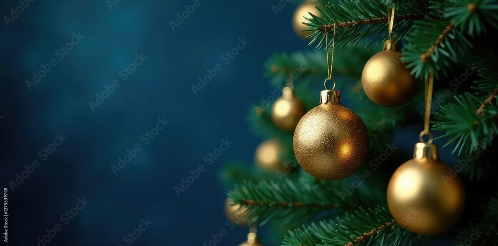 Fototapeta premium Golden ornaments hanging from a dark blue Christmas tree, bright colors, holiday tree