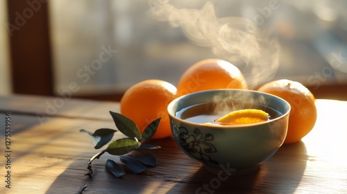 Steaming Bowl of Fragrant Oolong Tea with Fresh Oranges Nearby