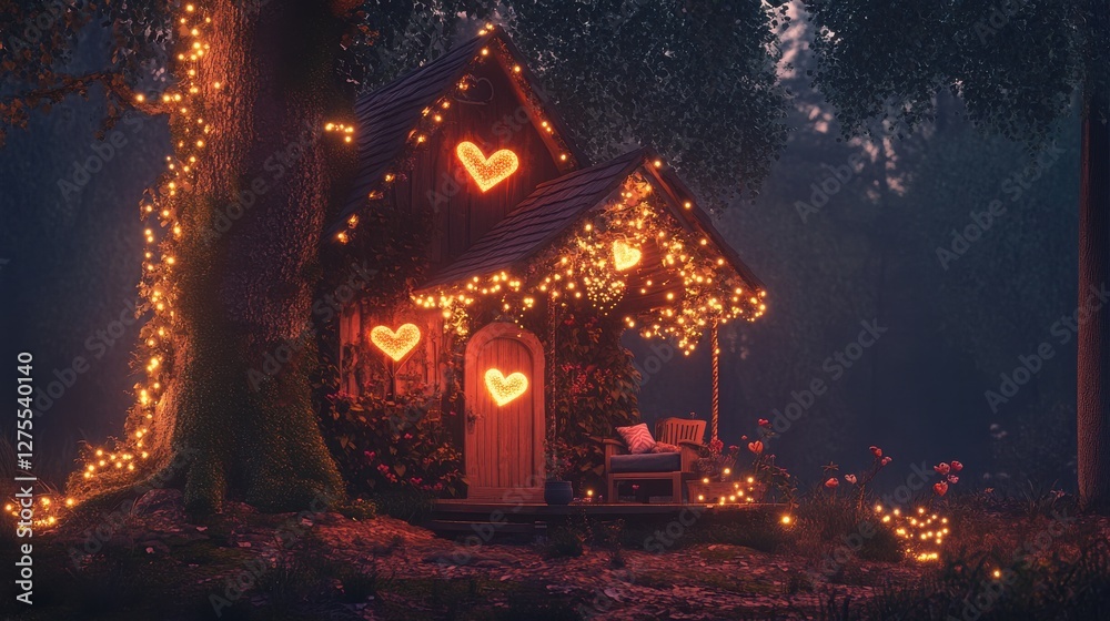 Obraz premium Enchanted cottage at night with glowing lights and heart decorations
