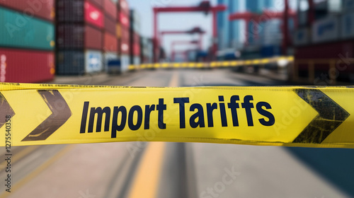 Import Tariffs with Warning yellow tape in front of seaport with cargo containers on background photo