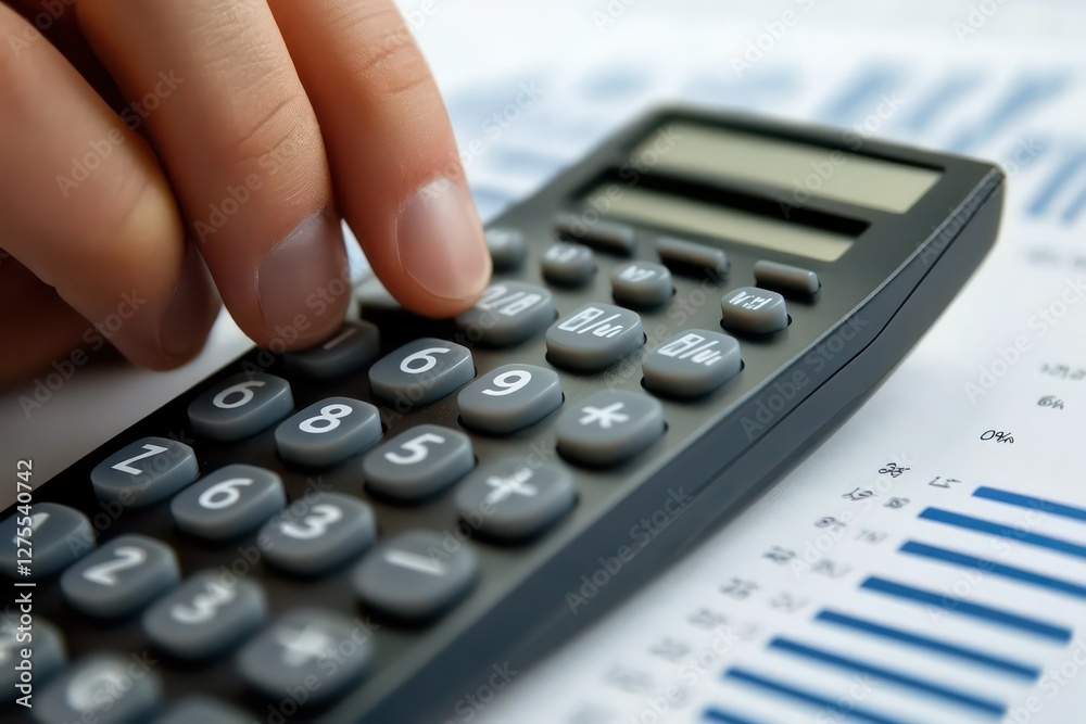 Human using calculator. Audit. Business charts with words Human using calculator. Audit. Business charts with words