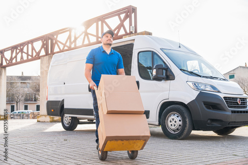 Delivery driver transporting packages with hand truck in front of van. Delivery driver concept in a van. Man in blue uniform moving boxes with a hand truck, representing logistics and distribution.