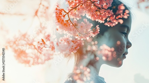 Stunning Double Exposure of Child's Profile with Cherry Blossoms photo