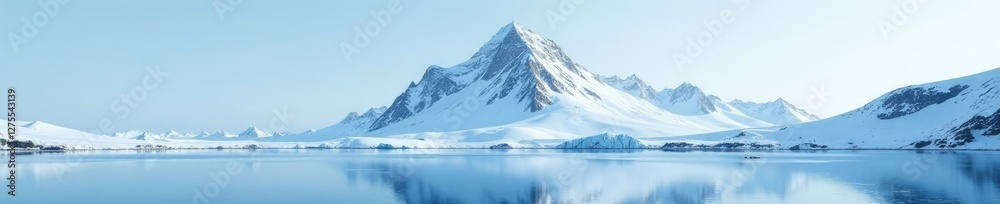 Icy peak with snow-covered ridgeline and a frozen lake in the foreground, landscape, icy Icy peak with snow-covered ridgeline and a frozen lake in the foreground, landscape, icy