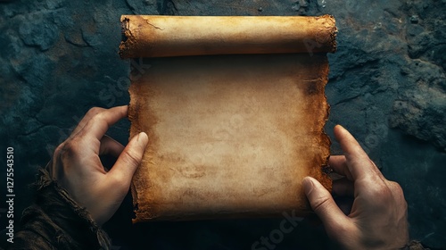 Ancient scroll held with aged, weathered hands.