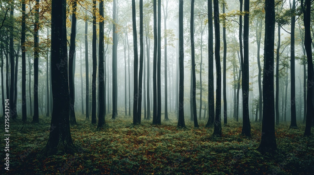 Naklejka premium Misty Forest Enchantment: A Serene Autumnal Woodland Scene