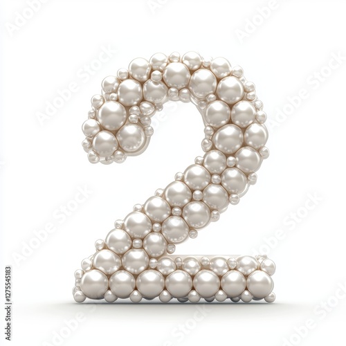 Number 2 made of elegant white pearls with a lustrous shine isolated on a clean white background