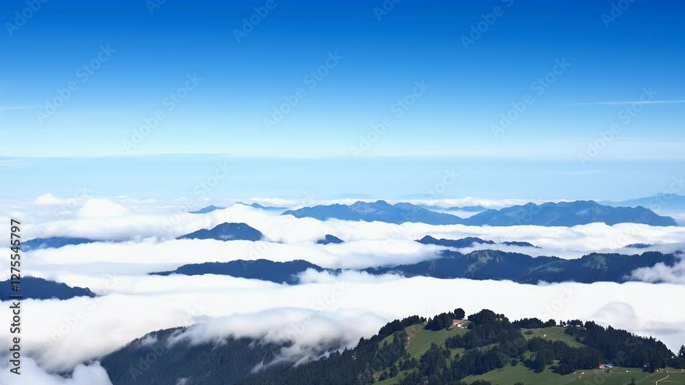 A serene mountain landscape with clouds and blue sky, evoking tranquility and nature's beauty. A serene mountain landscape with clouds and blue sky, evoking tranquility and nature's beauty.
