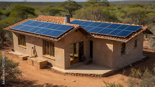 Rural House with Solar Panels on Roof in Africa Under Sunlight Offering Renewable Energy and Sustainable Living in a Countryside Setting