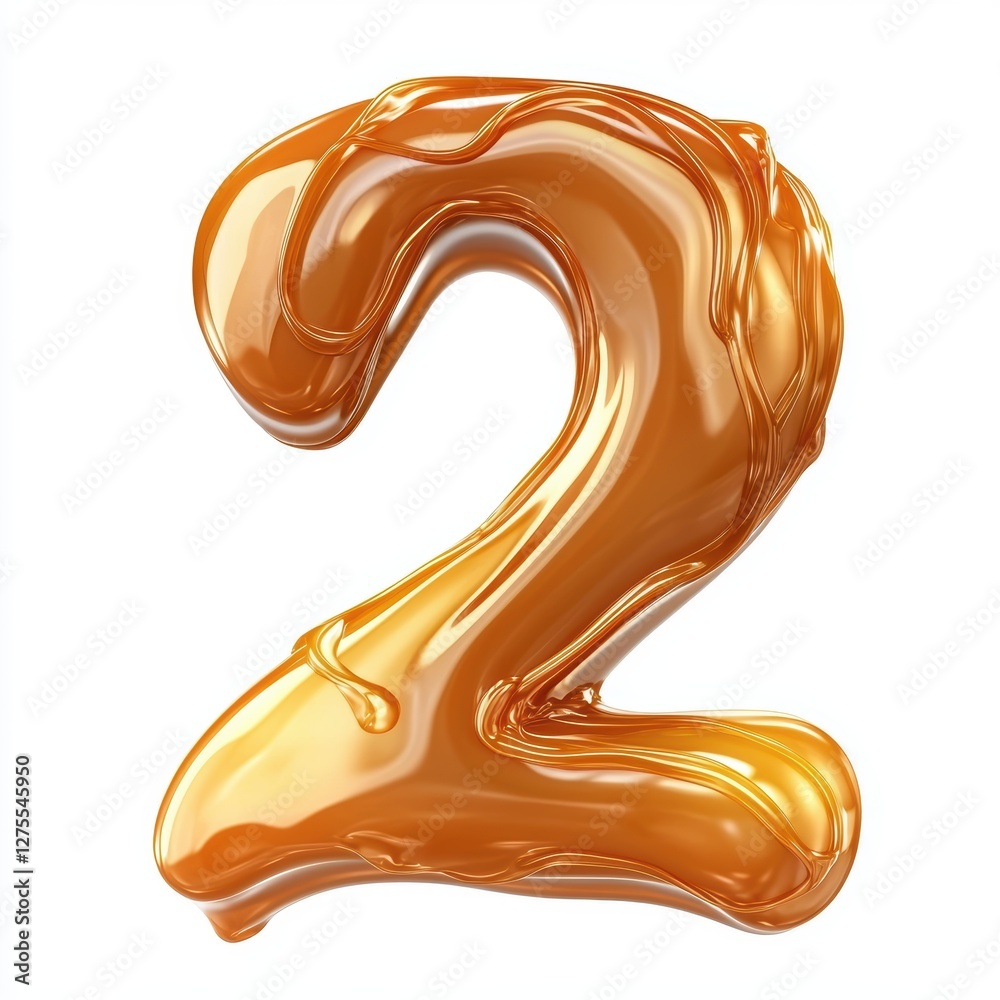 Number 2 made of glossy melted caramel with a rich golden hue isolated on a clean white background Number 2 made of glossy melted caramel with a rich golden hue isolated on a clean white background
