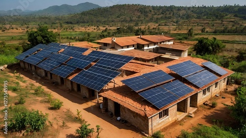 Small Solar Panels Installed on Terracotta Roofed Rural Homes in India Sunny Day