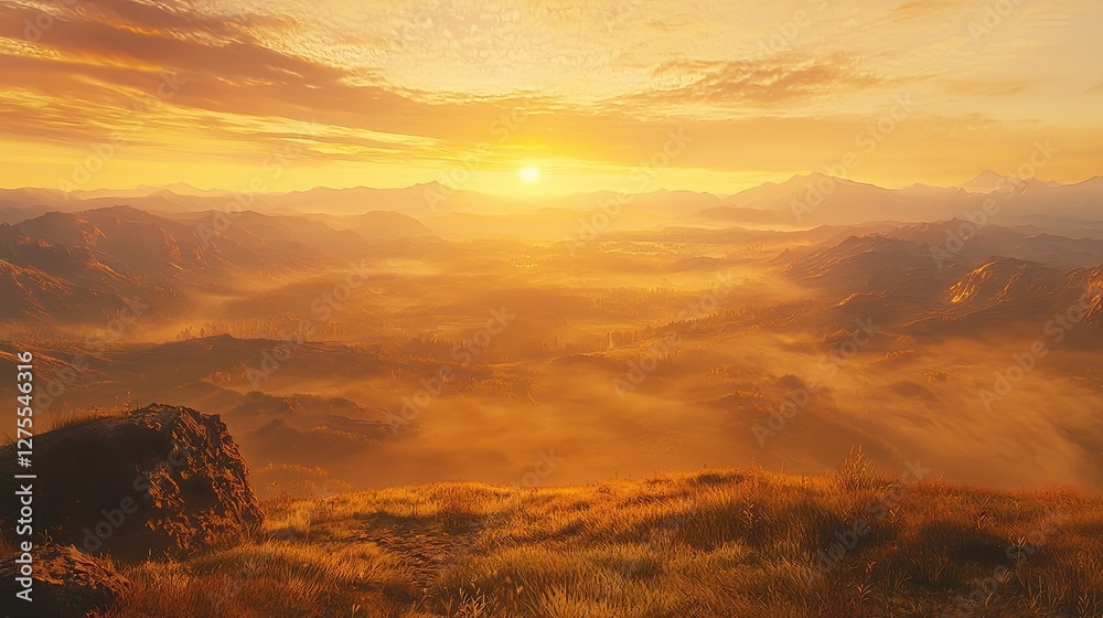 Naklejka premium A golden sunrise over rolling misty hills, casting warm light over the landscape. The soft haze creates depth, enhancing the peaceful and scenic countryside view. Generative AI
