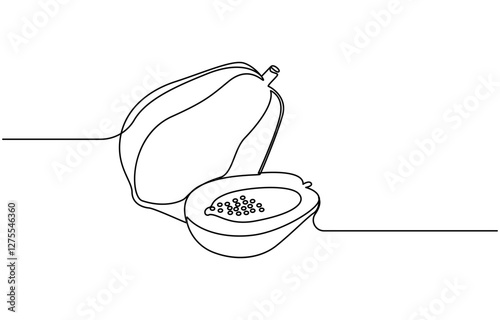 Continuous single one line drawing of fresh papaya exotic tropical fruit, Continuous one line drawing of sliced healthy organic papaya for orchard logo identity
