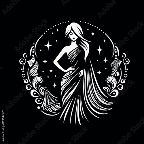 Fashion saree logo design with women figure template or clothing logo design illustration, Generative Ai.
