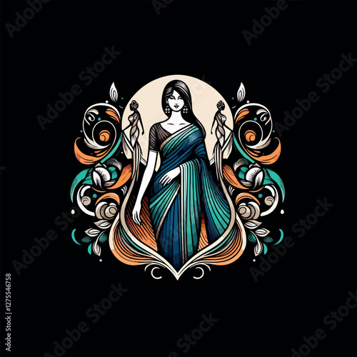 Fashion saree logo design with women figure template or clothing logo design illustration, Generative Ai.

