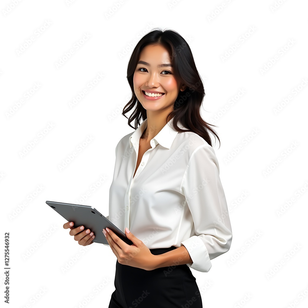Portrait of a smiling young businesswoman holding a tablet, isolated on a transparent background Portrait of a smiling young businesswoman holding a tablet, isolated on a transparent background