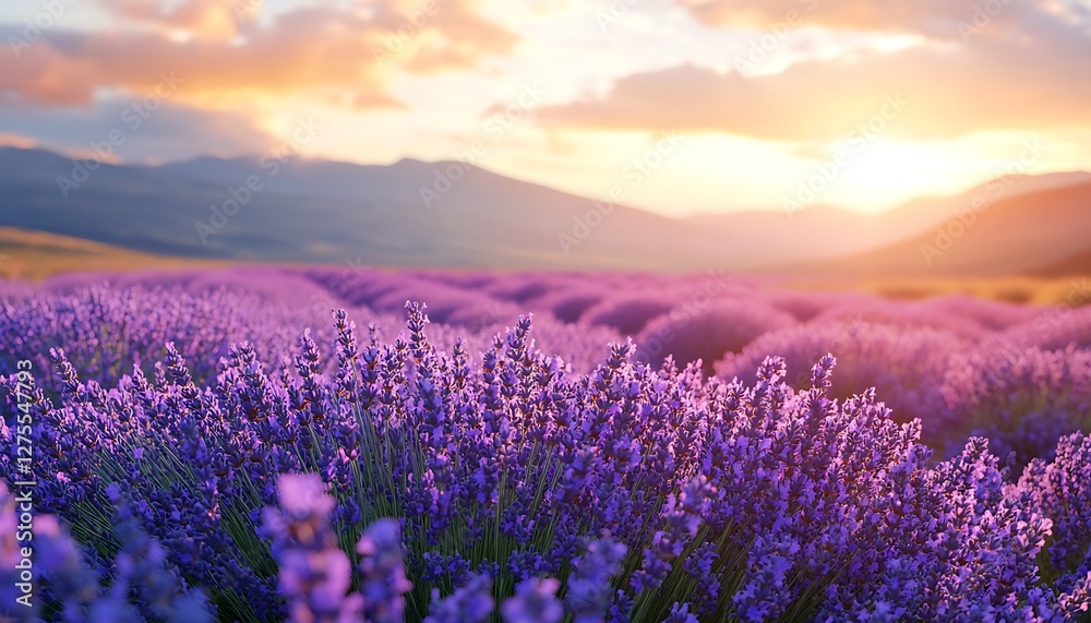 Fototapeta premium Sunset Lavender Field, Mountains