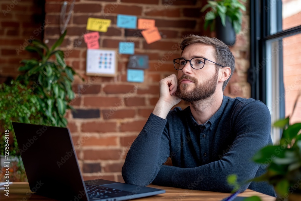 A man sits at a desk in a modern office, thinking about a strategy. In front of him is a laptop with graphs, stickers with goals on the wall and a motivational quote in a frame.