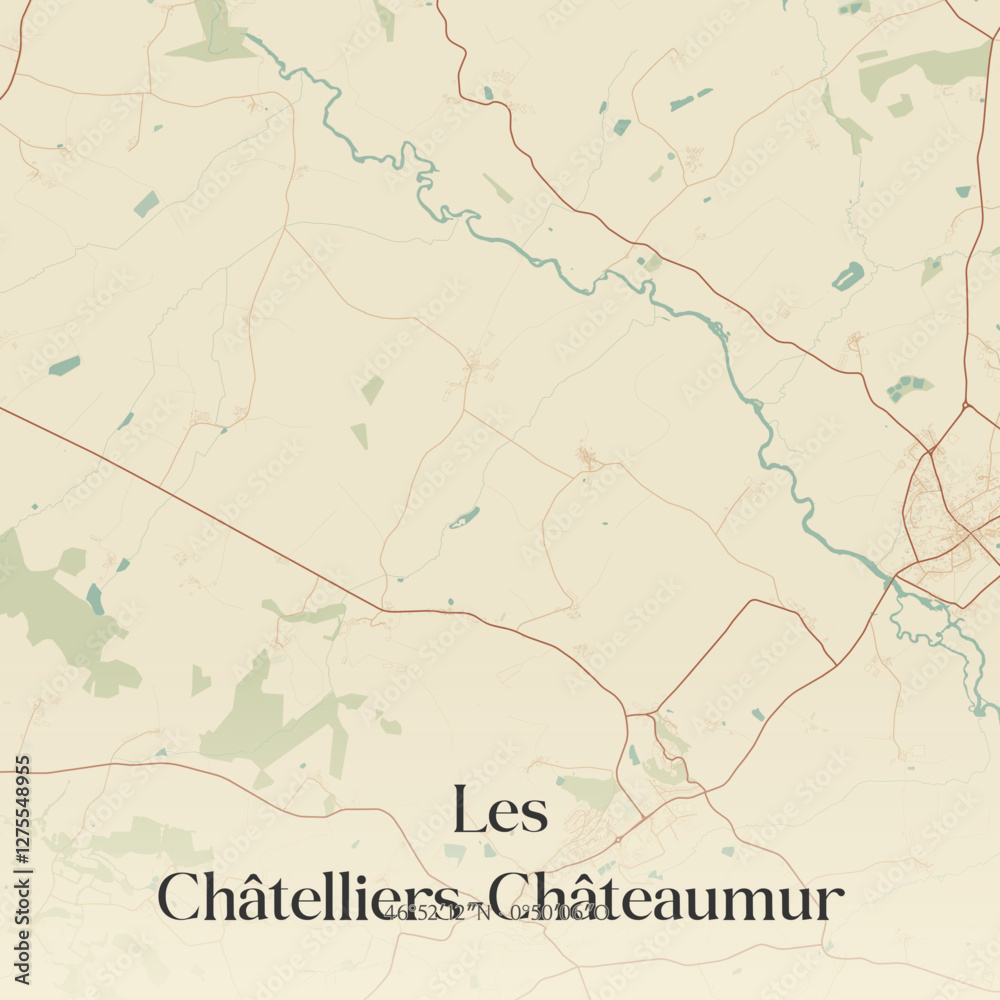 Fototapeta premium Vintage map of Les Châtelliers-Châteaumur, France.