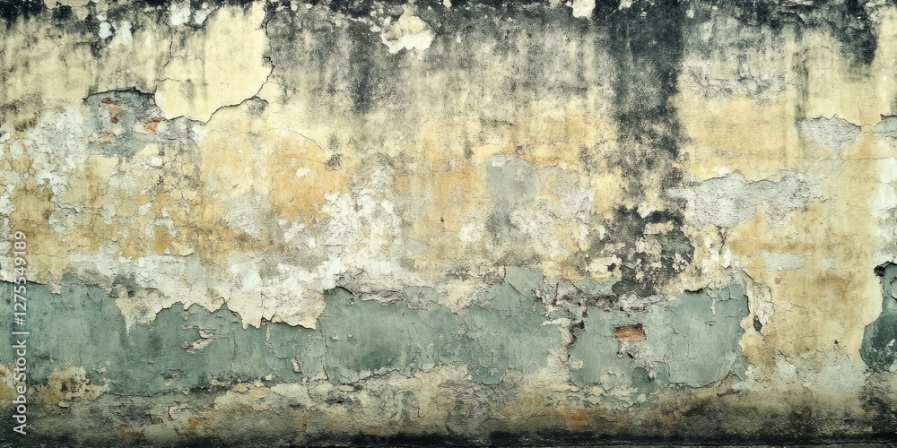 Obraz premium Worn textured wall with peeling paint in shades of gray and beige, featuring rough patches and a hint of green at the bottom center.