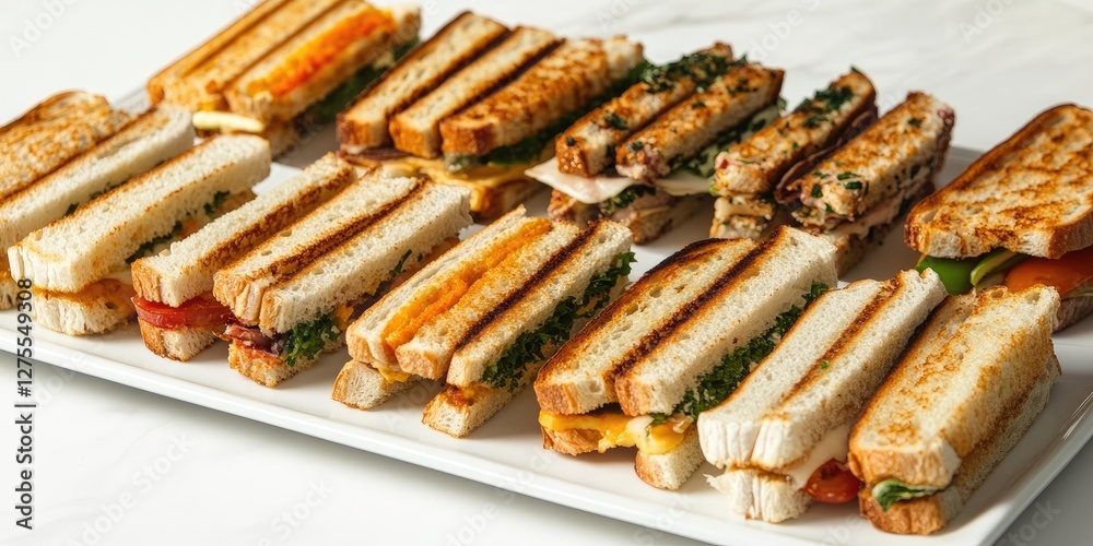 Variety of toasted sandwiches arranged neatly on a white platter, featuring golden brown crusts, colorful fillings of vegetables and cheese. Variety of toasted sandwiches arranged neatly on a white platter, featuring golden brown crusts, colorful fillings of vegetables and cheese.