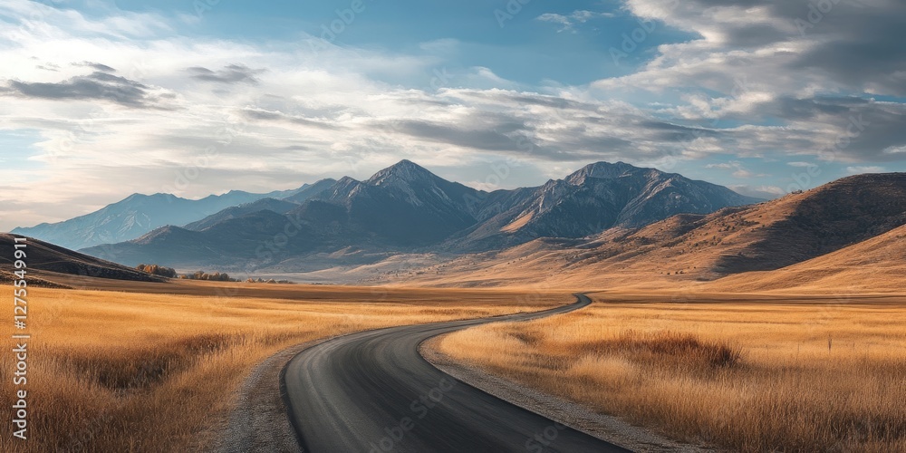 Winding road through golden dried field leads towards majestic mountains under a dynamic sky with soft clouds and distant peaks in serene landscape. Winding road through golden dried field leads towards majestic mountains under a dynamic sky with soft clouds and distant peaks in serene landscape.