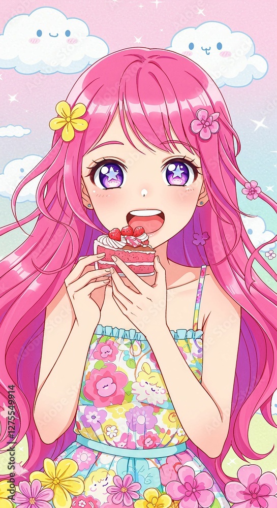 Anime girl enjoying cake under whimsical sky. Anime girl enjoying cake under whimsical sky.