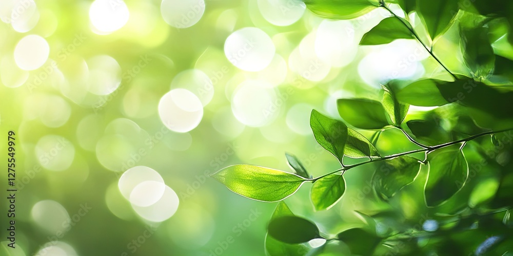 Fresh green bokeh background with a soft blend of light and dark greens creating a serene natural ambiance with blurred foliage in focus on the right