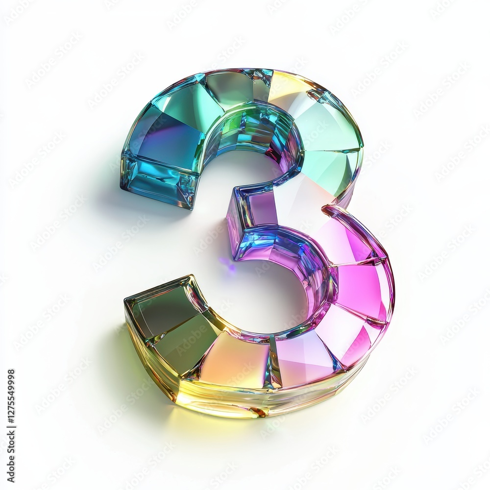 Number 3 made of faceted crystal with iridescent rainbow reflections isolated on a clean white background Number 3 made of faceted crystal with iridescent rainbow reflections isolated on a clean white background