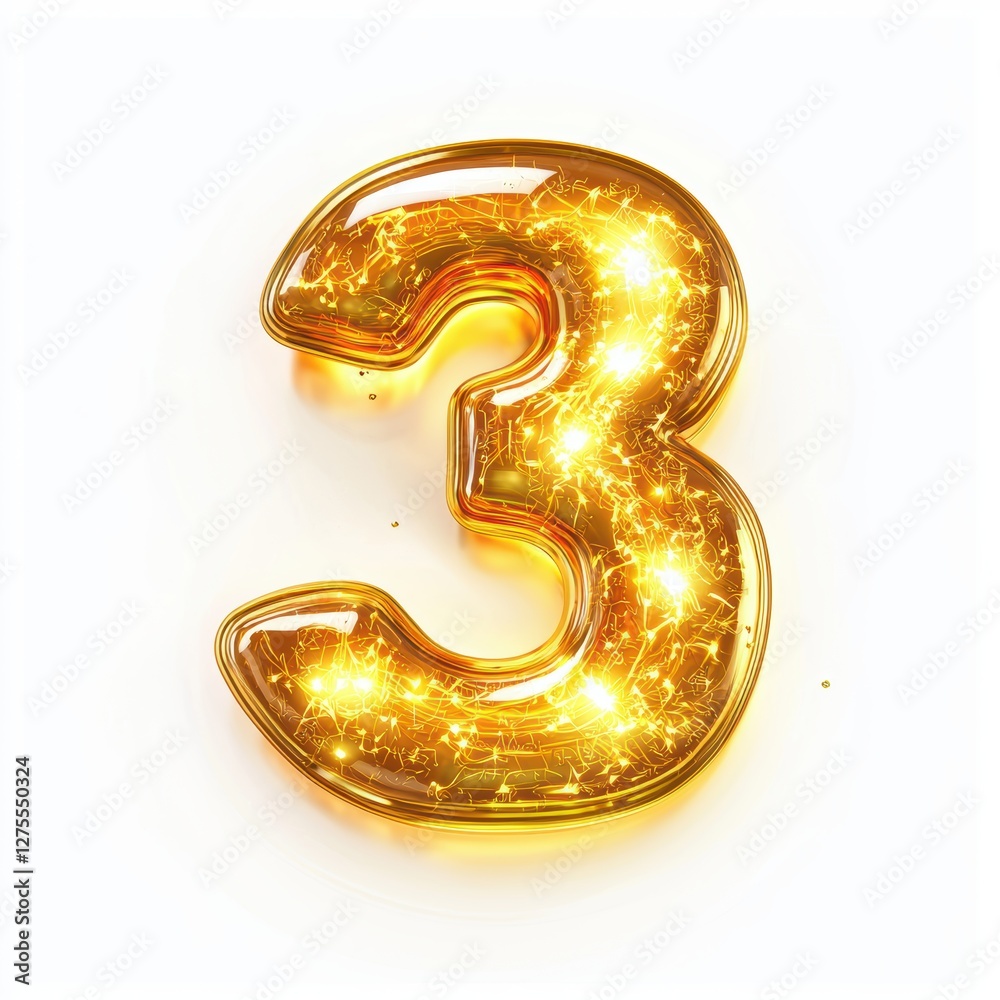 Number 3 made of golden solar energy with glowing rays and soft flares isolated on a clean white background Number 3 made of golden solar energy with glowing rays and soft flares isolated on a clean white background