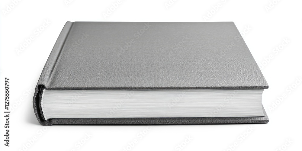 Gray textured book with a smooth cover lying horizontal on a clean white background showcasing a side view of its spine and pages. Gray textured book with a smooth cover lying horizontal on a clean white background showcasing a side view of its spine and pages.