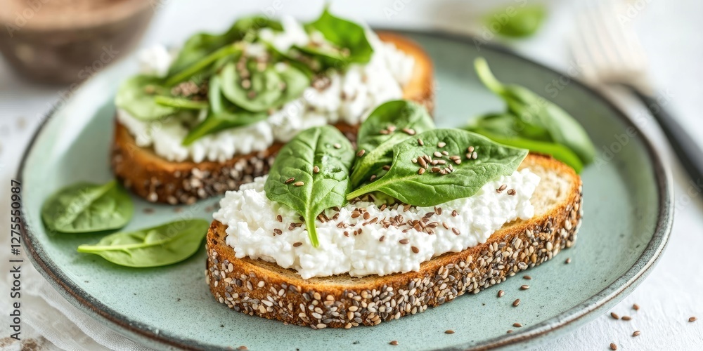 Freshly toasted whole grain bread topped with creamy cottage cheese and fresh baby spinach garnished with flaxseeds, presented on a light blue plate. Freshly toasted whole grain bread topped with creamy cottage cheese and fresh baby spinach garnished with flaxseeds, presented on a light blue plate.
