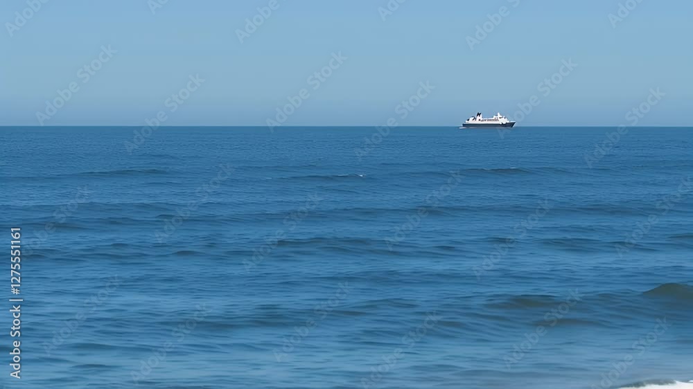 A serene ocean view with a distant ship on the horizon under a clear blue sky. A serene ocean view with a distant ship on the horizon under a clear blue sky.