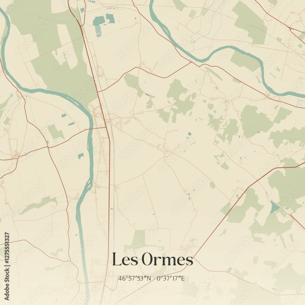 Fototapeta premium Vintage map of Les Ormes, France.