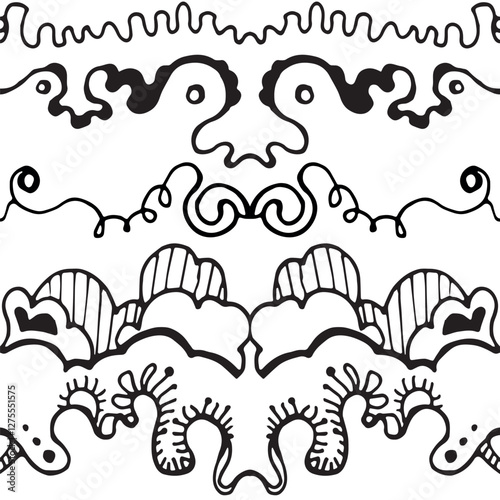 Black and white abstract hand-drawn pattern, waves or curls background. Seamless pattern for design wallpapers, border set