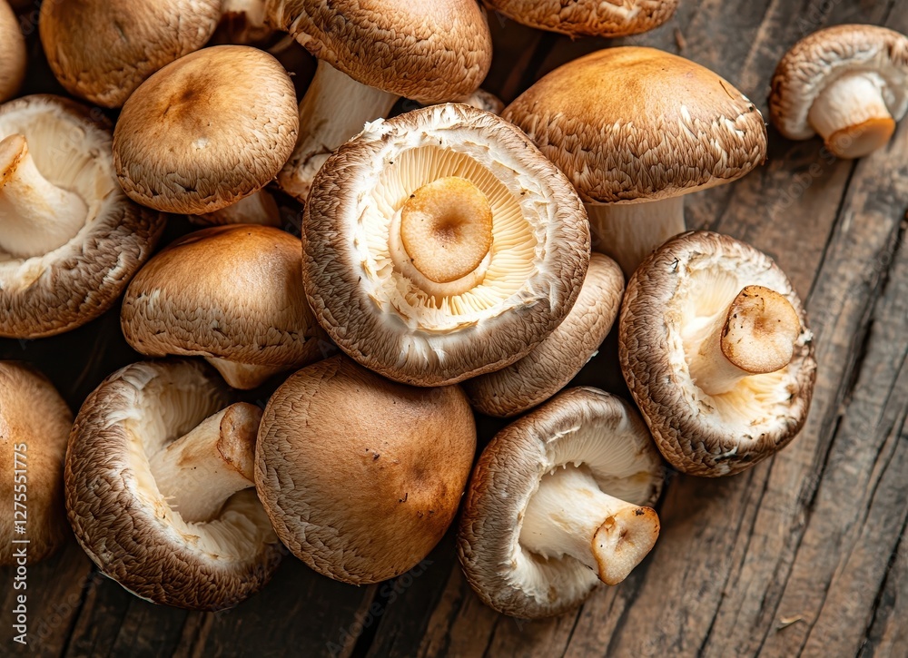 Fresh Shiitake Mushrooms Piled on a Rustic Kitchen Table Ready for Culinary Delights Fresh Shiitake Mushrooms Piled on a Rustic Kitchen Table Ready for Culinary Delights