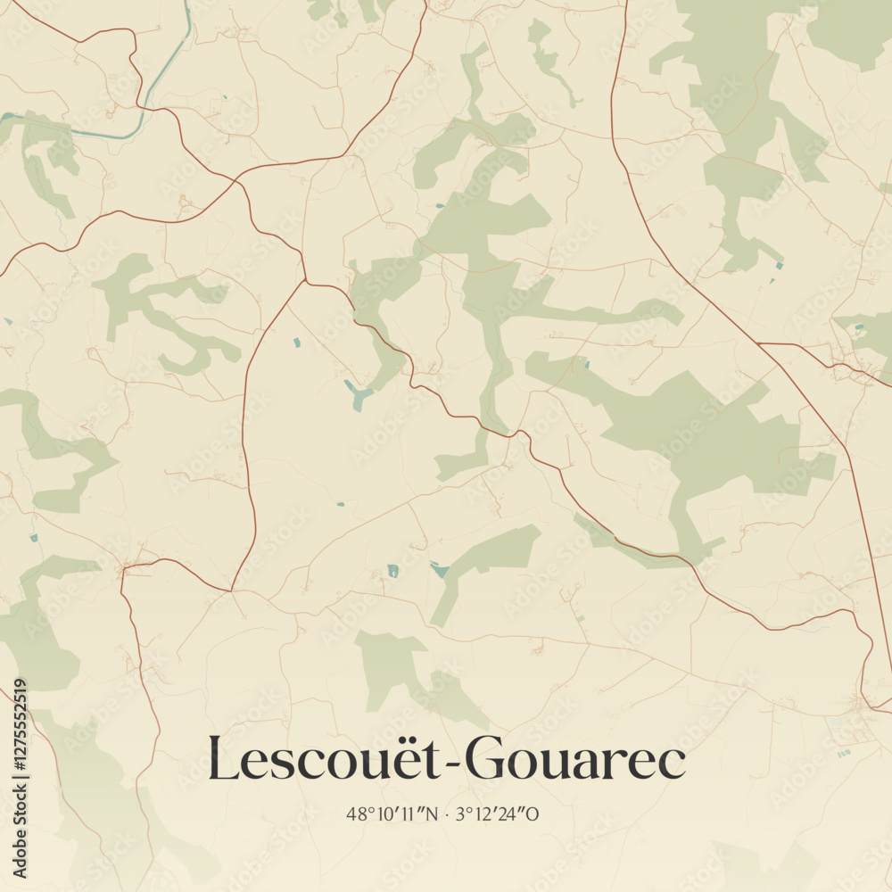 Fototapeta premium Vintage map of Lescouët-Gouarec, France.