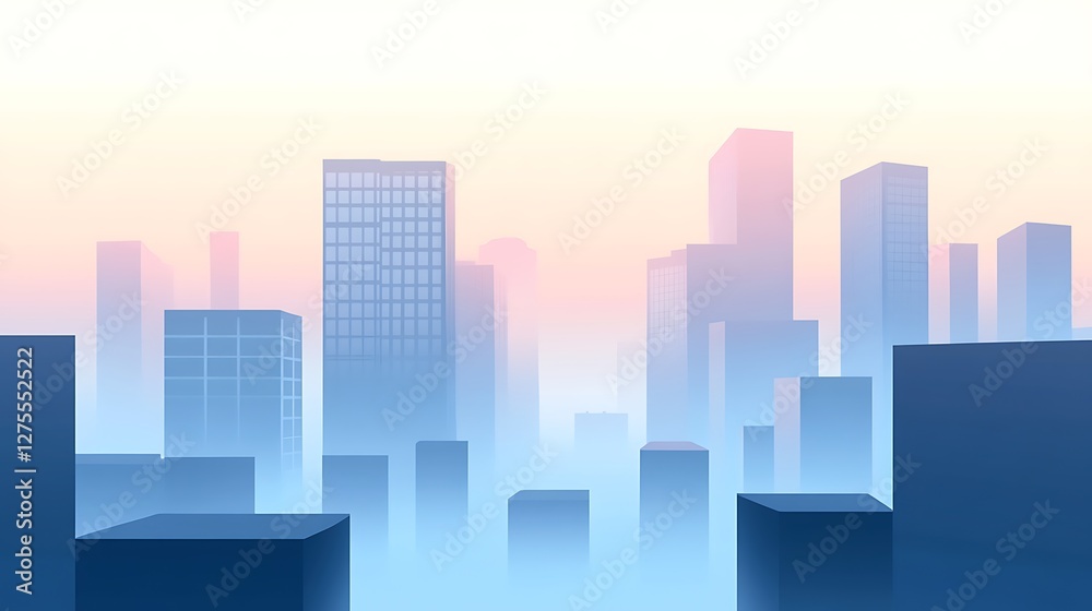 A hazy sunrise over a city skyline of modern buildings A hazy sunrise over a city skyline of modern buildings