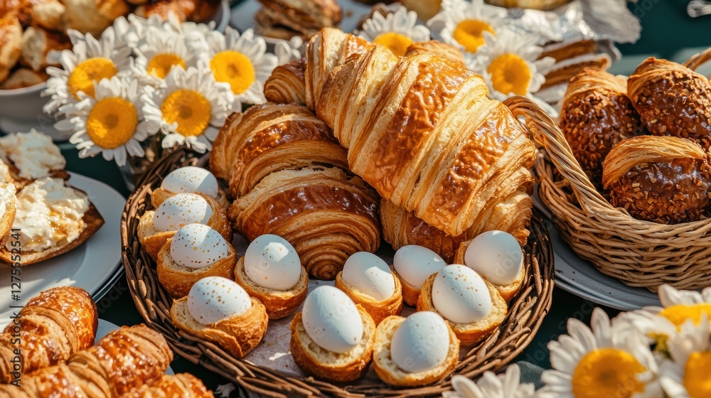 A table full of pastries and eggs. A table full of pastries and eggs.