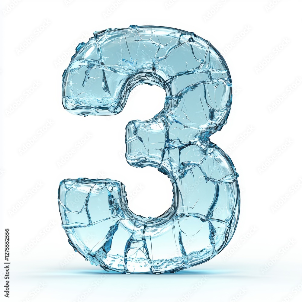 Number 3 made of translucent frozen glass with cracks of light isolated on a clean white background
