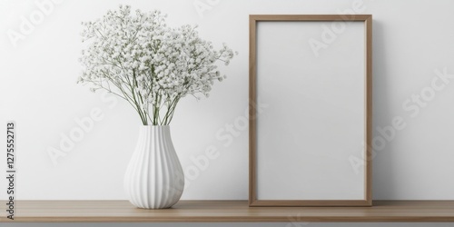 Vertical wooden frame on a light wooden shelf featuring a white vase filled with gypsophila flowers against a minimalistic white wall background.