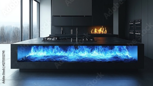 Modern kitchen island fireplace, snowy view photo