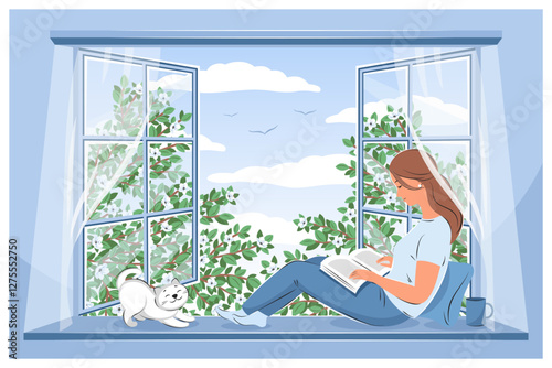 Woman reading book and sitting at the spring window. Layout design for bookstore, library, bookshop or education. Vector illustration