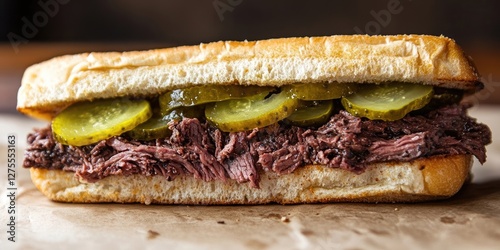Savory beef sandwich on a toasted white bun, layered with juicy pickles, featuring brown beef and green pickles, set against a rustic background. photo