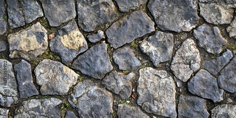 Close-up view of rugged dark gray stone pavement texture with brown and green moss patches, showcasing irregular cracked patterns on the surface. Close-up view of rugged dark gray stone pavement texture with brown and green moss patches, showcasing irregular cracked patterns on the surface.