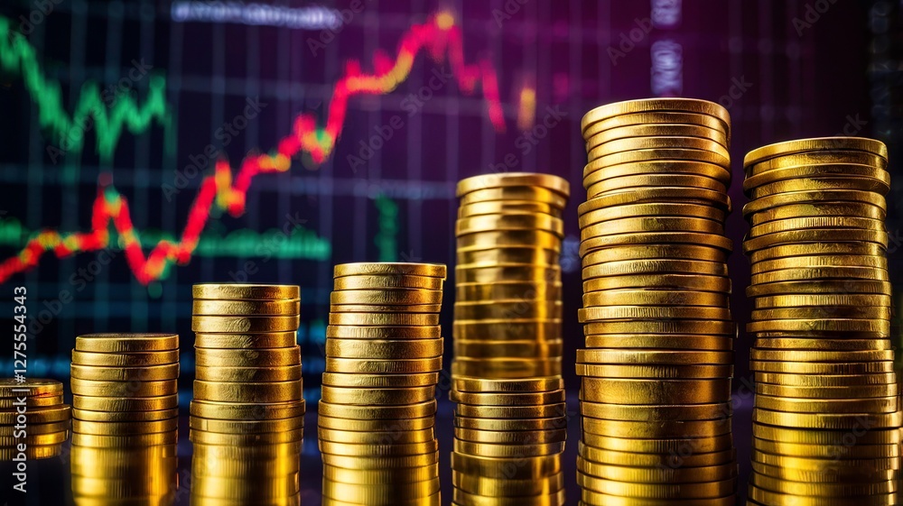 Stack of Golden Coins Against a Financial Chart Symbolizing Wealth Investment and Economic Growth with Red Accents and Shiny Texture Stack of Golden Coins Against a Financial Chart Symbolizing Wealth Investment and Economic Growth with Red Accents and Shiny Texture