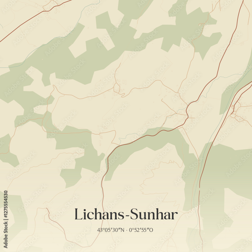Obraz premium Vintage map of Lichans-Sunhar, France.
