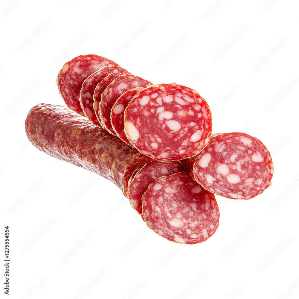 Close-up of Saucisson Sec slices isolated on white transparent background. Concept of fresh deli meat and gourmet food. Close-up of Saucisson Sec slices isolated on white transparent background. Concept of fresh deli meat and gourmet food.