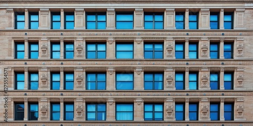 Historic building facade with decorative elements, symmetrical arrangement of windows in light beige and blue hues, urban architecture detail. photo