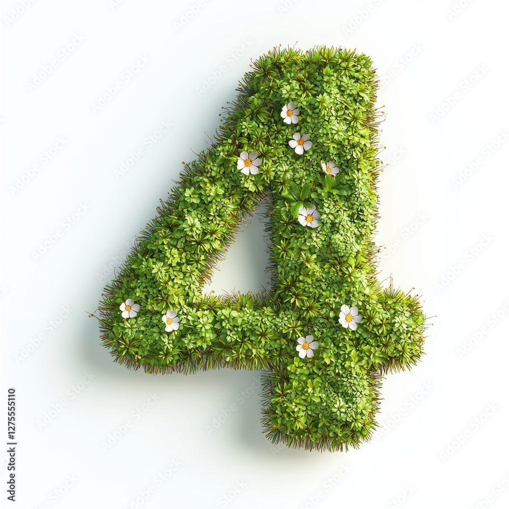 Number 4 made of lush green moss with tiny blooming flowers isolated on a clean white background Number 4 made of lush green moss with tiny blooming flowers isolated on a clean white background